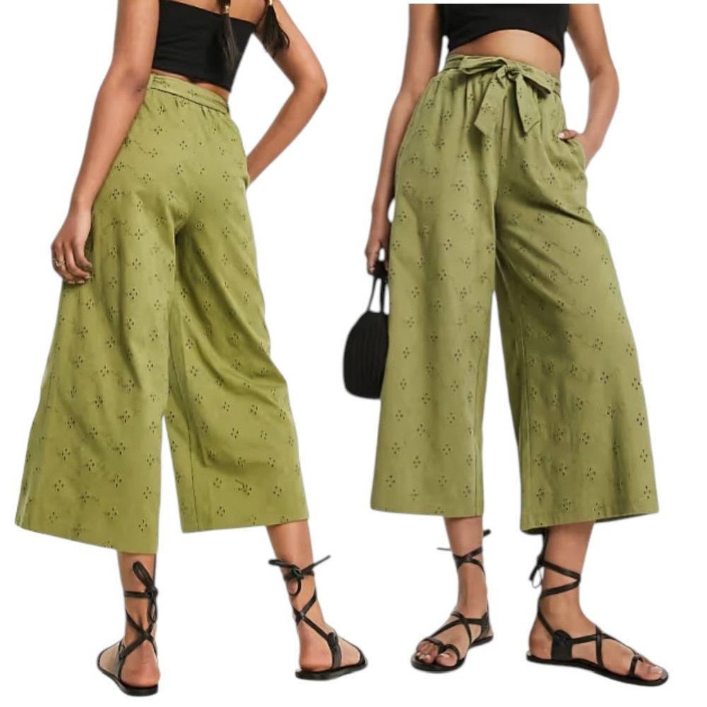 ASOS 12 Khaki Green Broderie Anglaise Wide Leg Crop Belted Pants Bohemian Beach